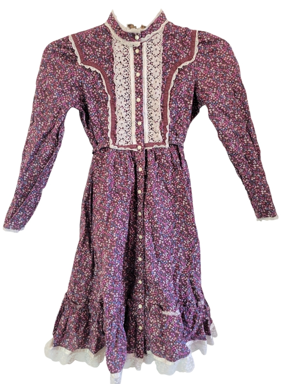Vintage Gunne Sax Purple Mini Floral Print Lace Trim Long Sleeve Prairie Dress